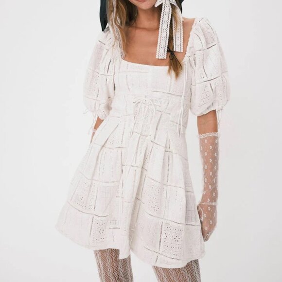 NWT FOR LOVE AND LEMONS EVERETT WHITE EYELET MINI DRESS SIZE S